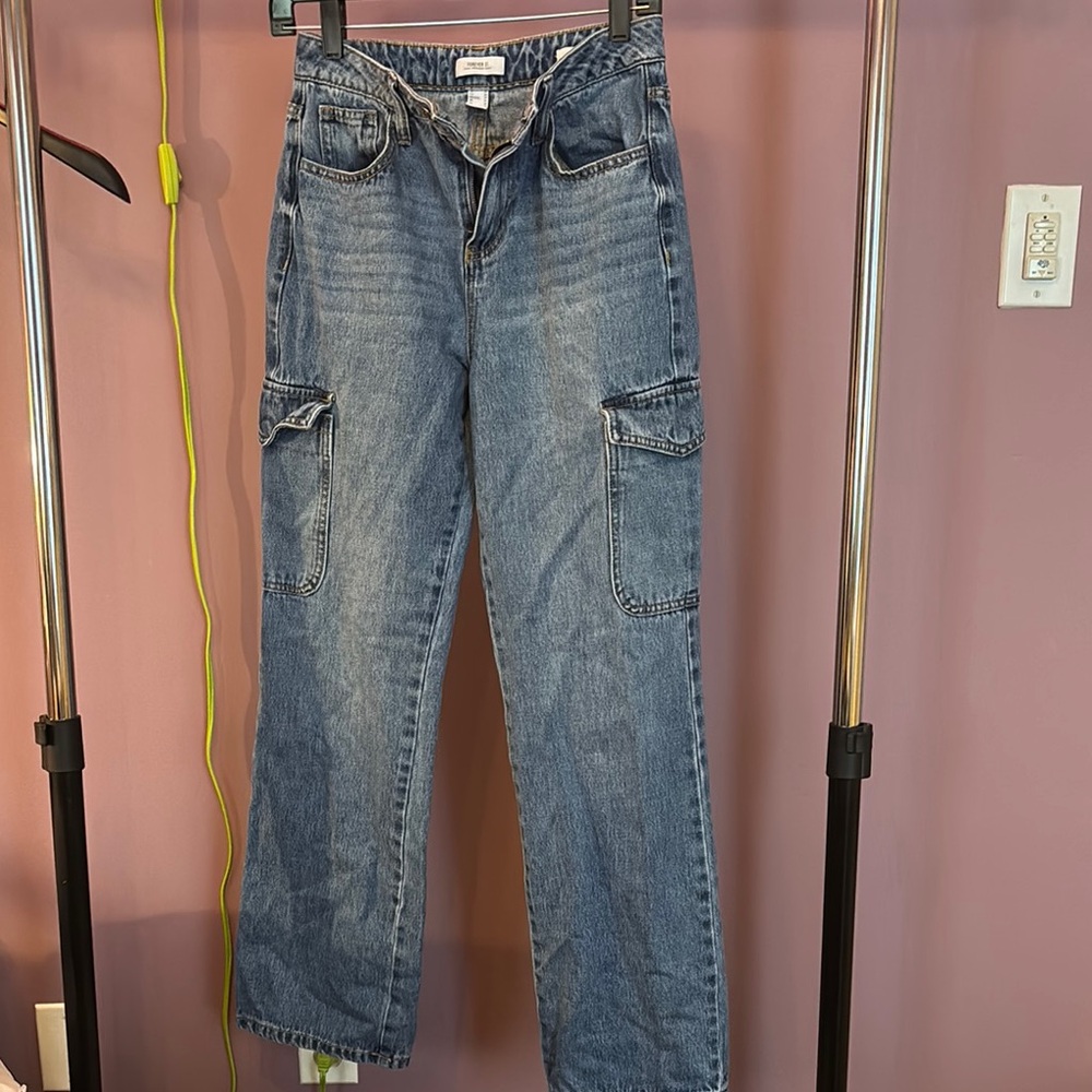 Forever 21 Blue Straight Leg Jeans with Cargo Pockets
